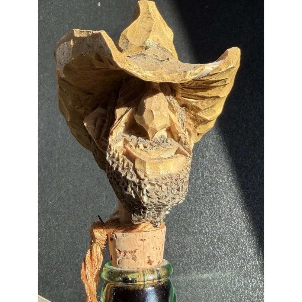 Vintage Coca Cola Bottle with Hand-Carved Wooden TopperFigurine